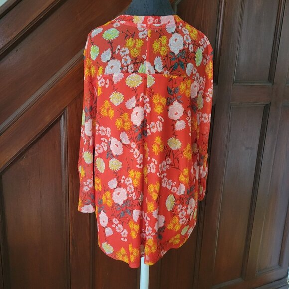 Cocomo Womens Floral Long Sleeve Blouse 1X Orange Yellow Pink Button-Front Top - Picture 3 of 7